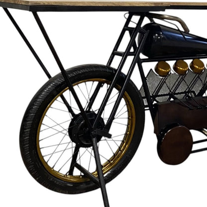 17" Black Metal and Solid Wood Motorcycle Bar Cart With Wine Storage