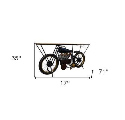17" Black Metal and Solid Wood Motorcycle Bar Cart With Wine Storage
