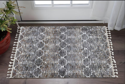 3' X 5' Brown White and Gray Geometric Area Rug With Fringe