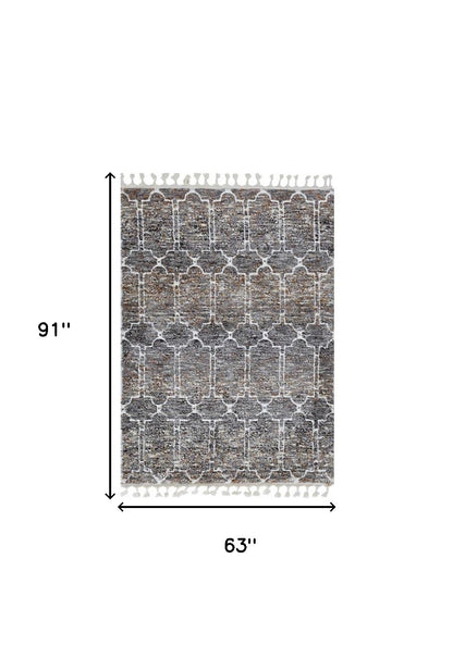 3' X 5' Brown White and Gray Geometric Area Rug With Fringe