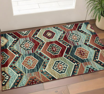 3' X 5' Red And Blue Geometric Area Rug