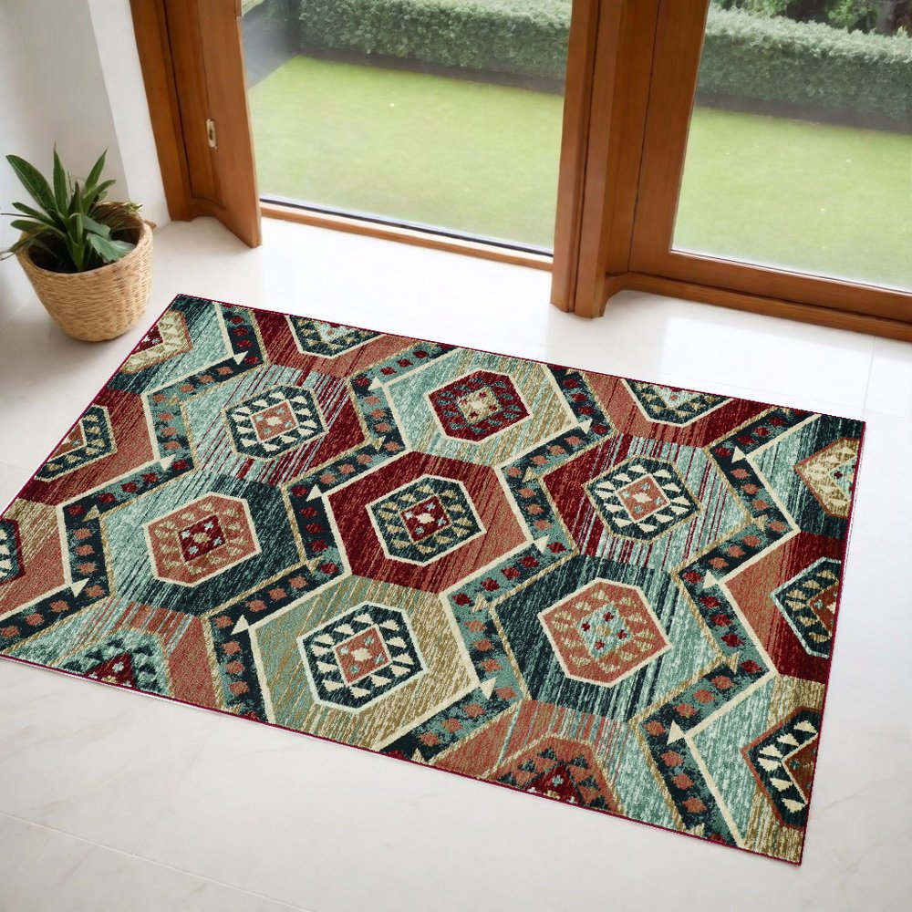3' X 5' Red And Blue Geometric Area Rug