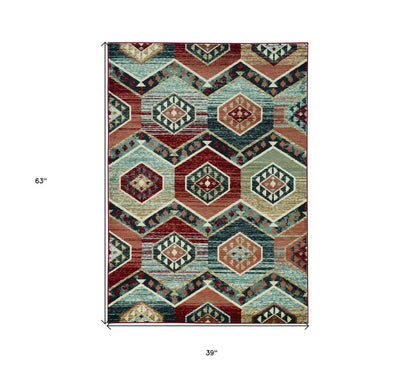3' X 5' Red And Blue Geometric Area Rug