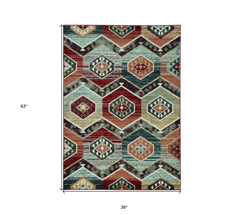 3' X 5' Red And Blue Geometric Area Rug