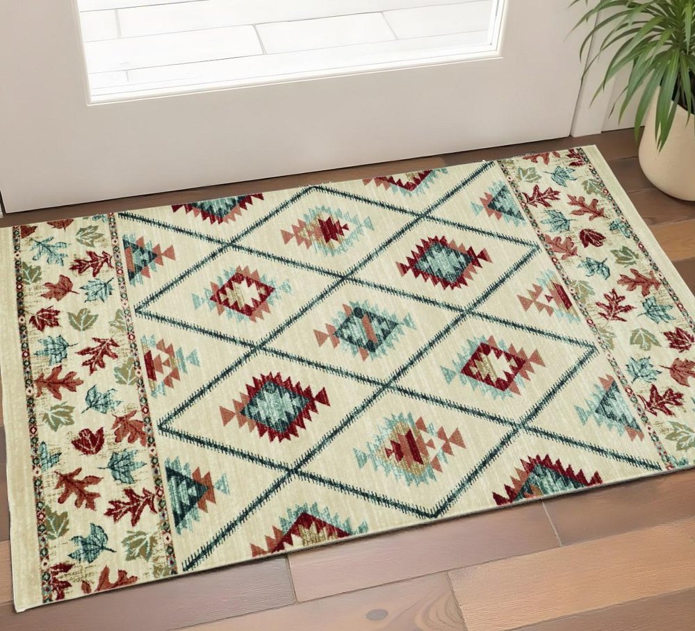 9' X 12' Ivory Red And Gray Southwestern Area Rug