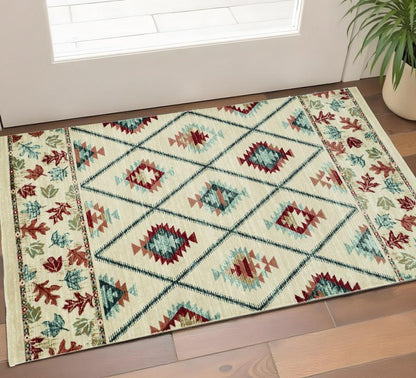 9' X 12' Ivory Red And Gray Southwestern Area Rug