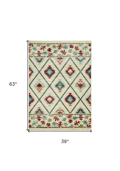 5' X 8' Ivory Blue And Red Southwestern Area Rug