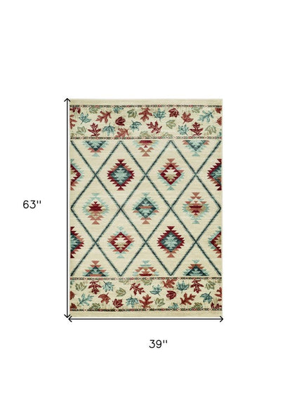 9' X 12' Ivory Red And Gray Southwestern Area Rug