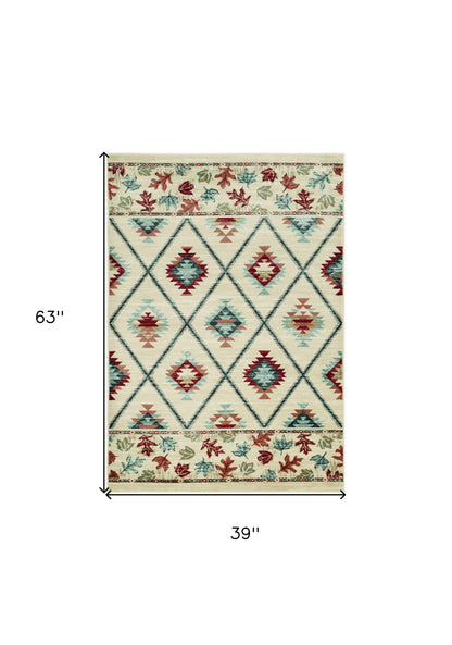 8' Ivory Red And Gray Southwestern Runner Rug
