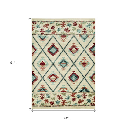 8' Ivory Red And Gray Southwestern Runner Rug