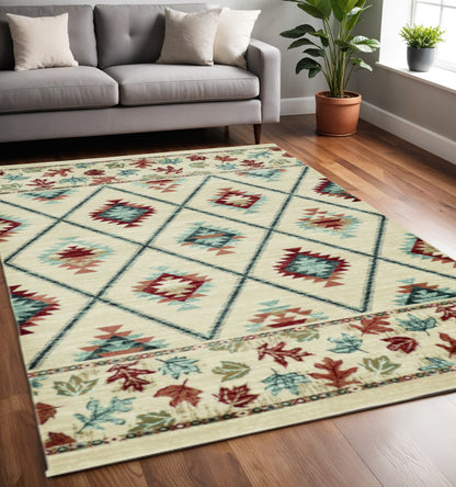 8' Ivory Red And Gray Southwestern Runner Rug