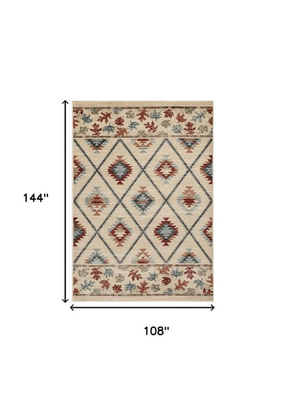 9' X 12' Ivory Red And Gray Southwestern Area Rug