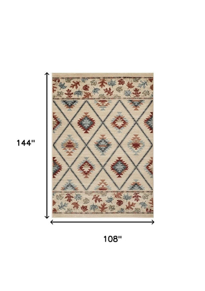 8' Ivory Red And Gray Southwestern Runner Rug