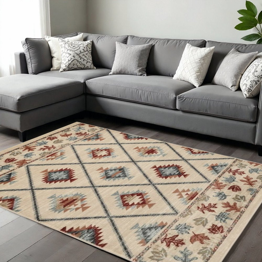 9' X 12' Ivory Red And Gray Southwestern Area Rug