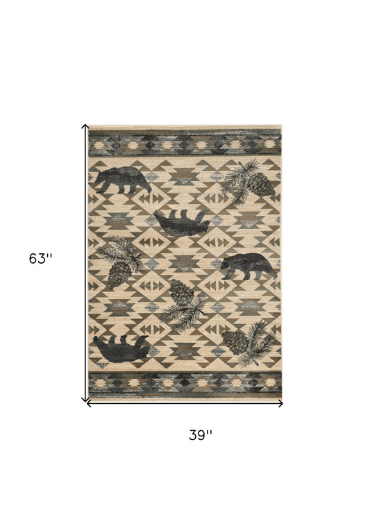 8' X 10' Ivory Blue Machine Woven Geometric Lodge Indoor Area Rug