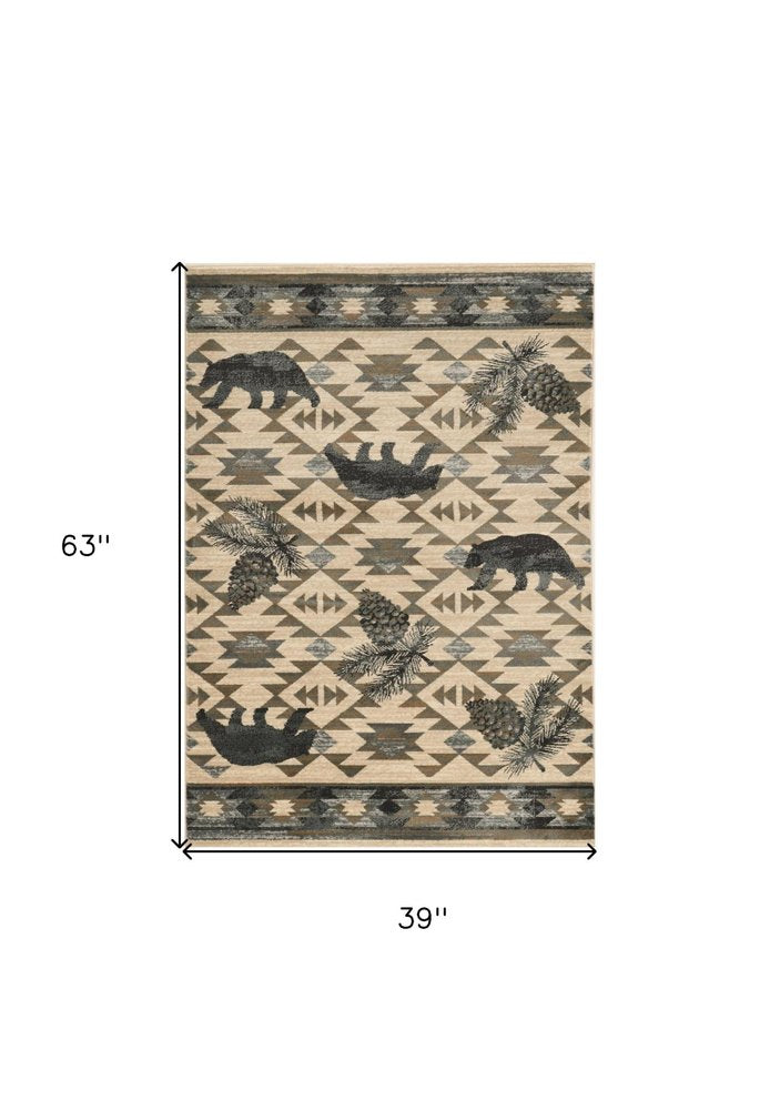 5' X 8' Ivory And Blue Woodland Lodge Area Rug