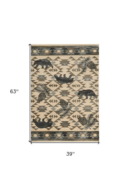 5' X 8' Ivory And Blue Woodland Lodge Area Rug