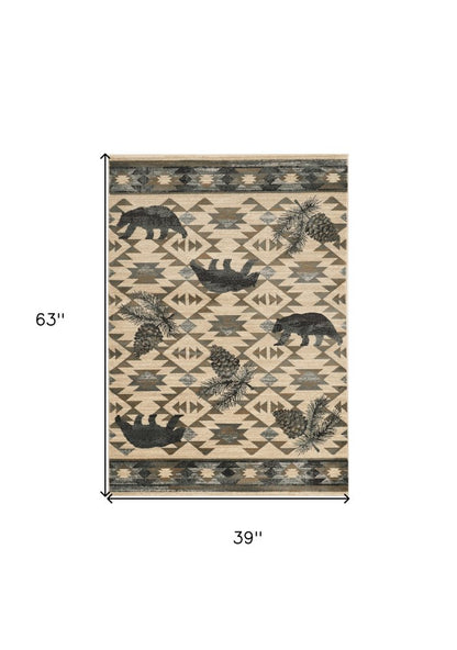 5' X 8' Ivory And Blue Southwestern Area Rug