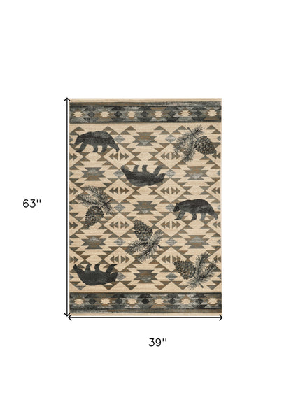 8' X 10' Ivory Blue Machine Woven Geometric Lodge Indoor Area Rug