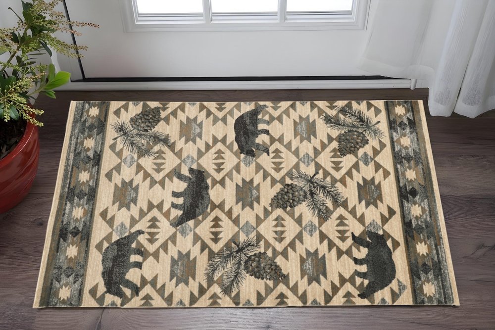 5' X 8' Ivory And Blue Southwestern Area Rug