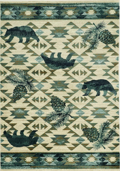 5' X 8' Ivory And Blue Woodland Lodge Area Rug