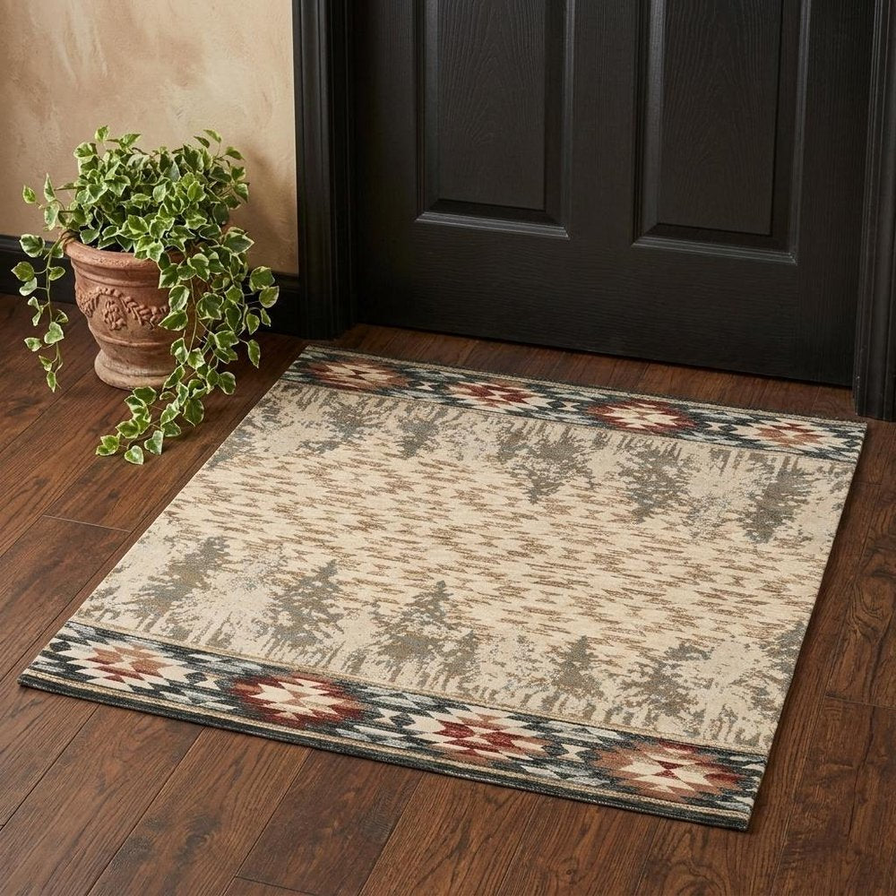 5' X 8' Ivory Green And Red Southwestern Area Rug