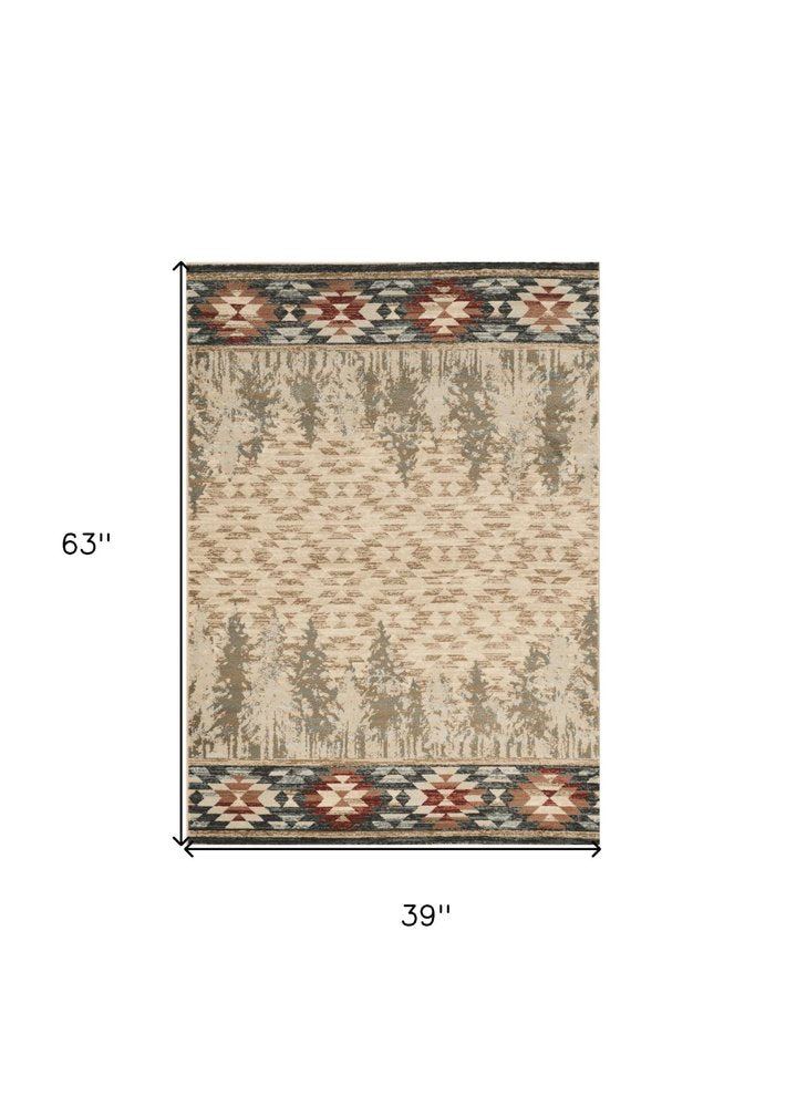 5' X 8' Ivory Green And Red Southwestern Area Rug