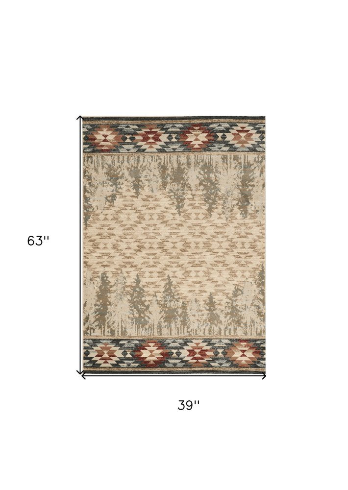 5' X 8' Ivory Green And Red Southwestern Area Rug