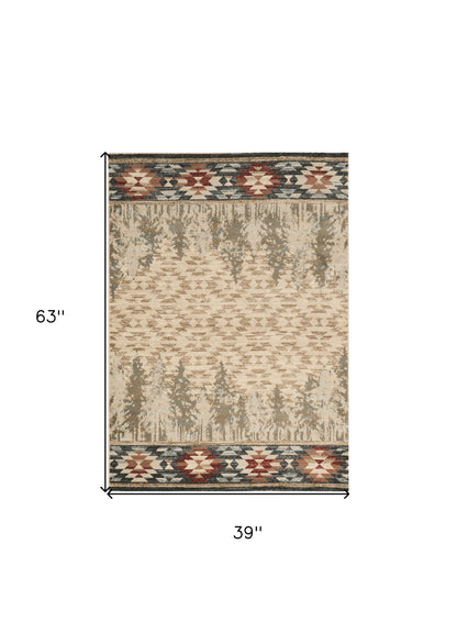 5' X 8' Ivory Green And Red Abstract Area Rug