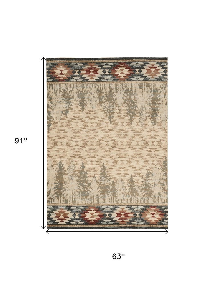 5' X 8' Ivory Green And Red Southwestern Area Rug