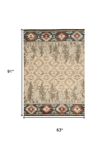 5' X 8' Ivory Green And Red Southwestern Area Rug