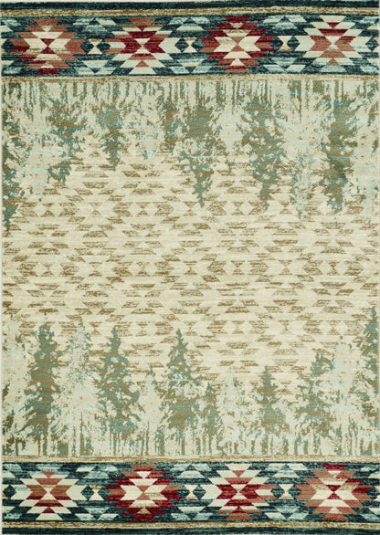 5' X 8' Ivory Green And Red Abstract Area Rug