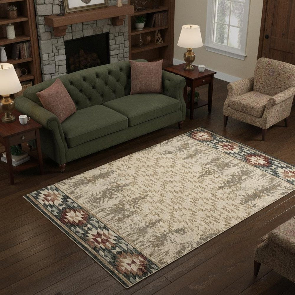 5' X 8' Ivory Green And Red Southwestern Area Rug