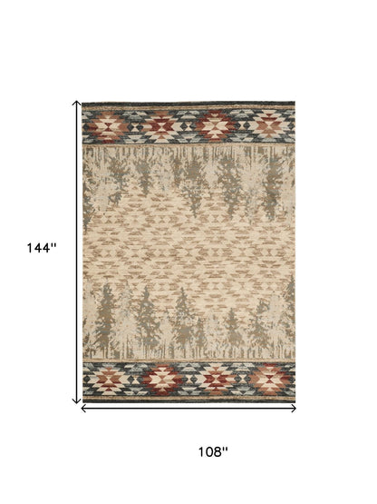 5' X 8' Ivory Green And Red Southwestern Area Rug