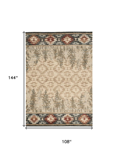 5' X 8' Ivory Green And Red Southwestern Area Rug