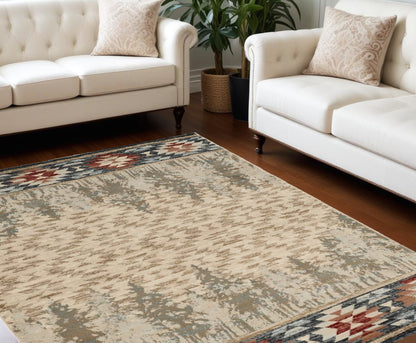 5' X 8' Ivory Green And Red Abstract Area Rug
