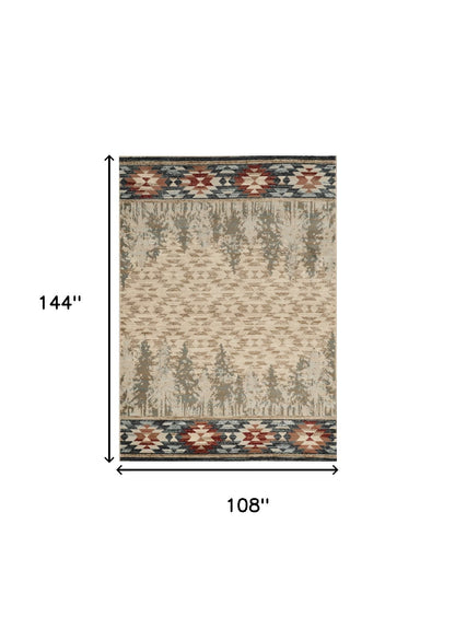 5' X 8' Ivory Green And Red Abstract Area Rug