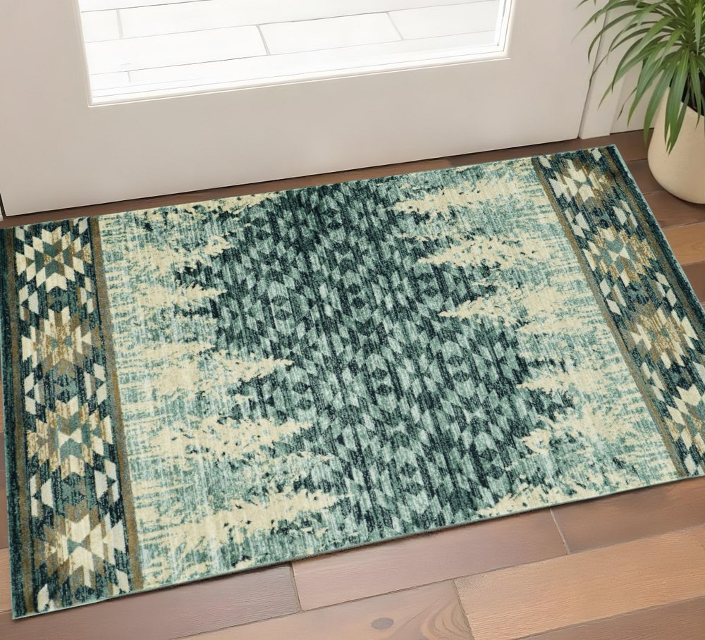 9' X 12' Slate Blue Charcoal And Beige Woodland Lodge Area Rug