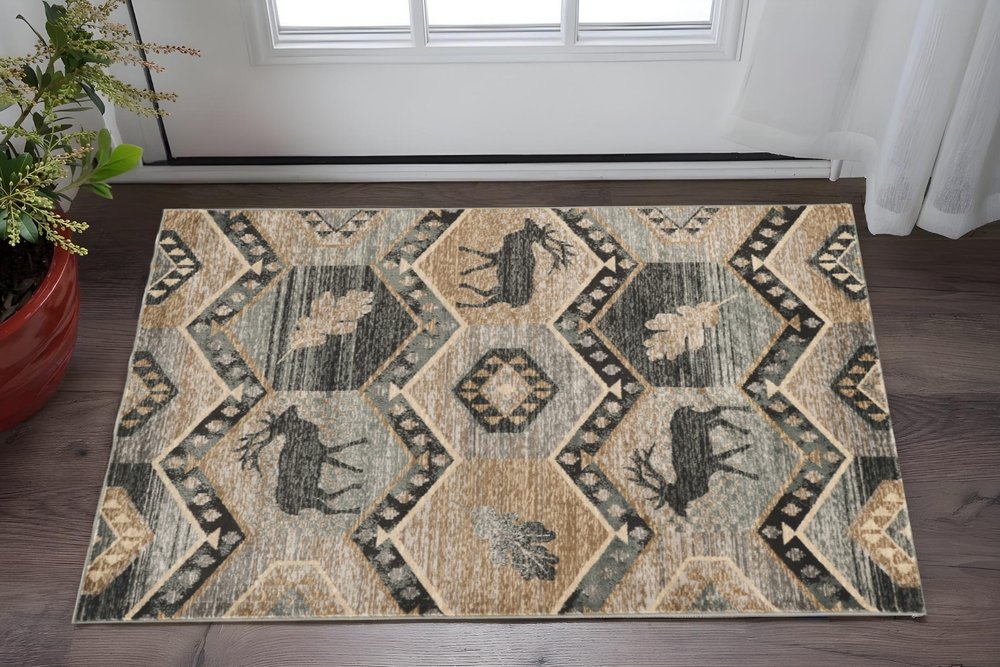 8' Charcoal Gray And Tan Woodland Lodge Runner Rug