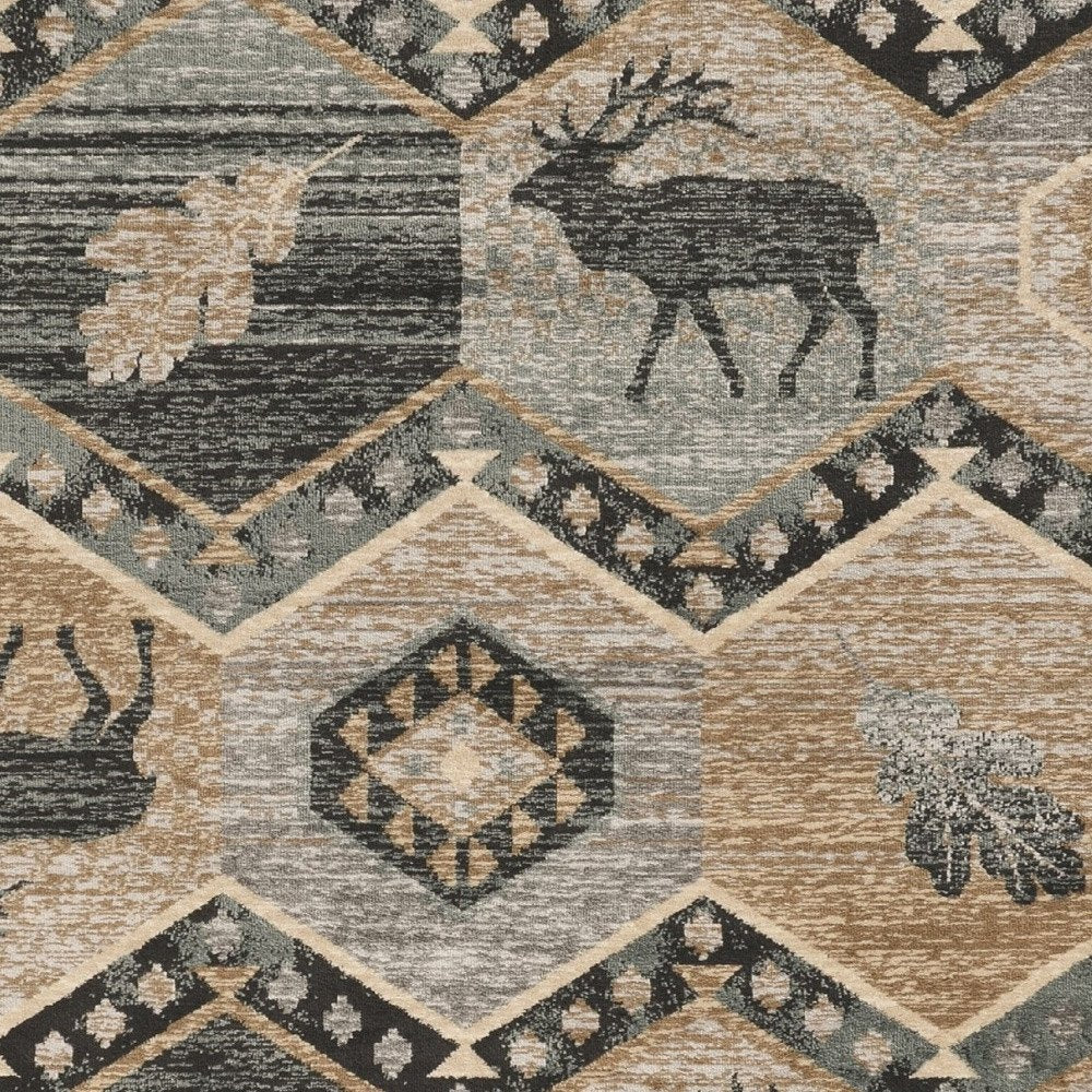 8' Charcoal Gray And Tan Woodland Lodge Runner Rug