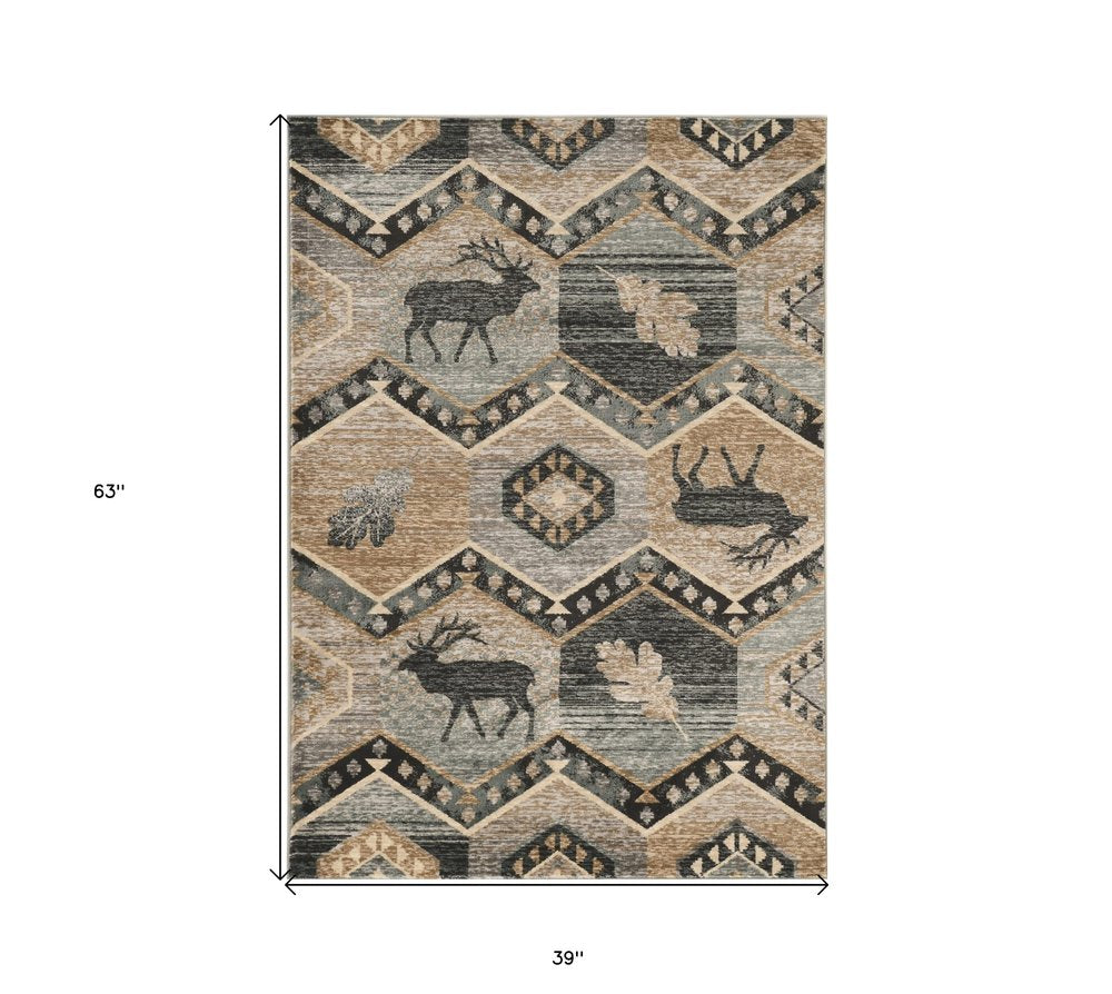 8' Charcoal Gray And Tan Woodland Lodge Runner Rug