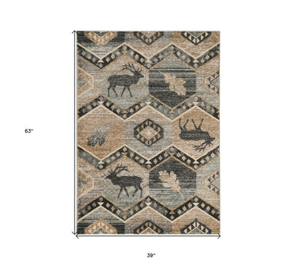 8' Charcoal Gray And Tan Woodland Lodge Runner Rug