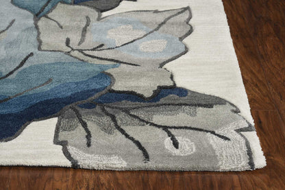 8' Ivory Blue Hand Tufted Oversized Floral Indoor Runner Rug