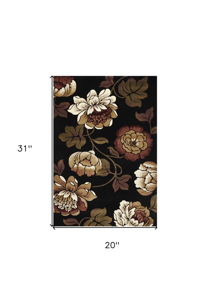 5' X 8' Black Tan And Ivory Floral Area Rug
