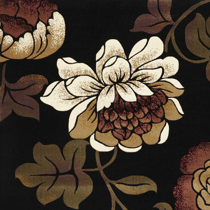 5' X 8' Black Tan And Ivory Floral Area Rug