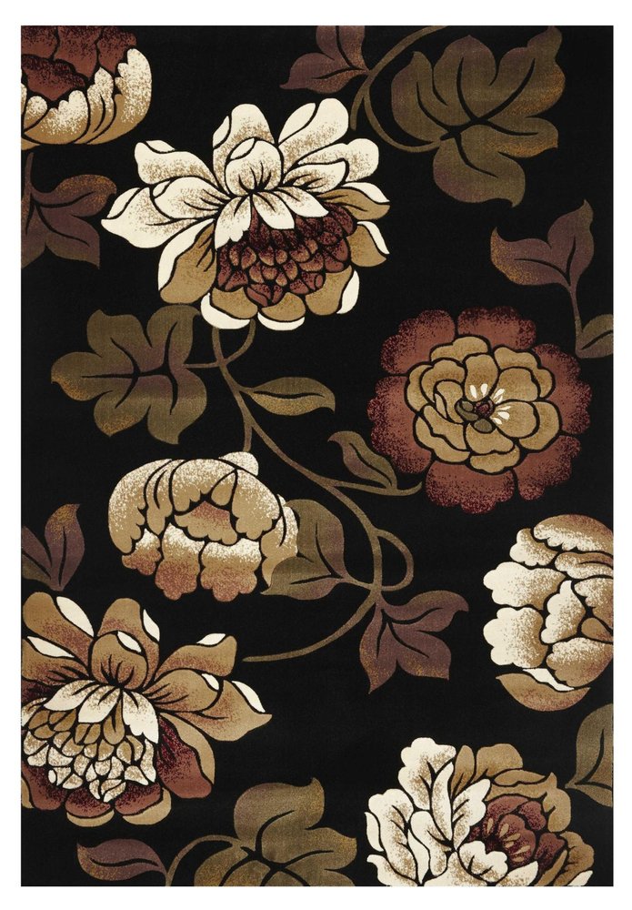 5' X 8' Black Tan And Ivory Floral Area Rug