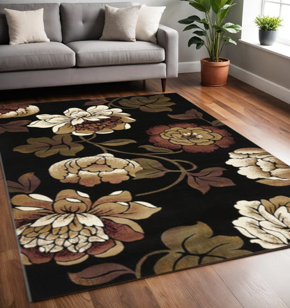 5' X 8' Black Tan And Ivory Floral Area Rug