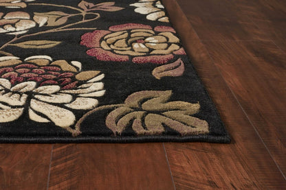 5' X 8' Black Tan And Ivory Floral Area Rug