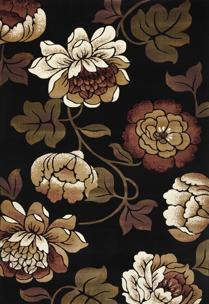5' X 8' Black Tan And Ivory Floral Area Rug