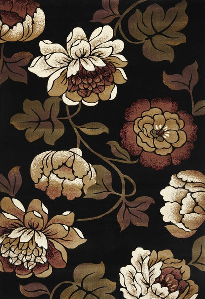 5' X 8' Black Tan And Ivory Floral Area Rug